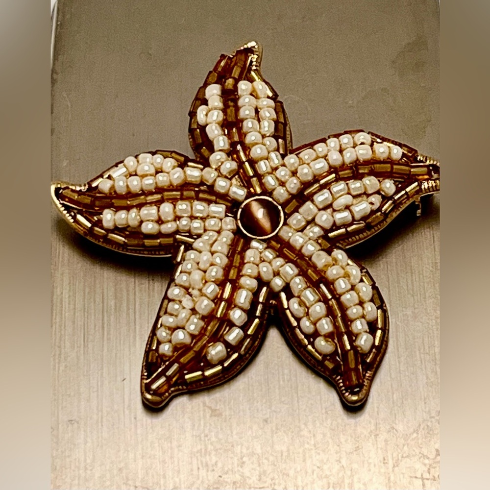 RARE Vintage Signed Brown and Cream Beaded Brooch
